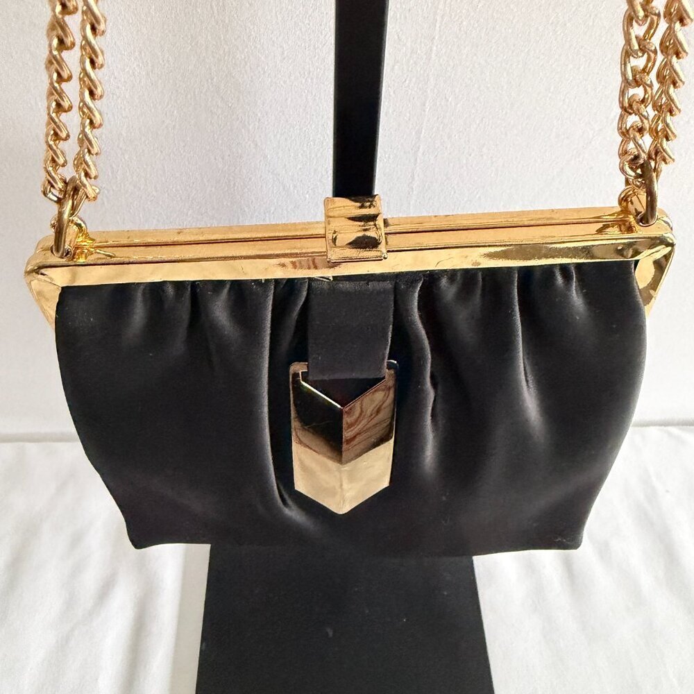 Vintage Black Satin Gold Chevron Formal Shoulder Bag 50s 60s - Picture 5 of 16